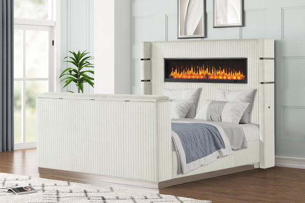 English Elm Lavish King Size Upholstered Bed with LED Fireplace Headboard & Footboard TV Stand for 50" TVs B009S01866