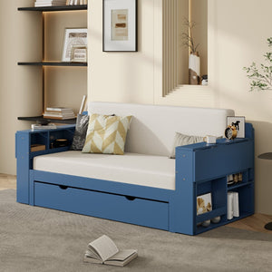 English Elm Full Size Daybed with Hydraulic Desk Armrests Storage Drawer and Sofa Seating Blue LT000271AAC