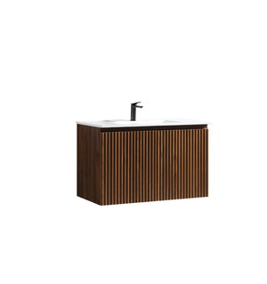 English Elm 30 Inch Floating Bathroom Vanity Fluted Wood Grain Front with Ceramic Integrated Sink Walnut W3520S00028