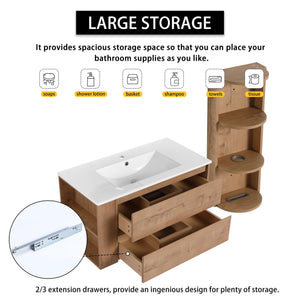 English Elm 36" Wall-Mounted Bathroom Vanity With Ceramic Sink, Dual Soft-Close Drawers & Side Rack Storage, Durable KD Packing W999S00344
