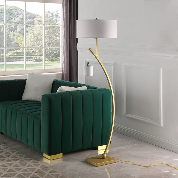 English Elm 59" Contemporary Dual Arc Floor Lamp with Hanging Pendant & Drum Shades, 3-Way Rotary Lighting Control Gold B072P222448