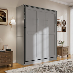 English Elm Rotating Queen Murphy Wall Bed with 14 Open Shelves Hydraulic Lift Space Saving Gray LP000962AAE