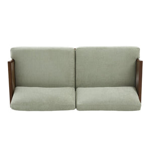 English Elm Emir Three Seat Boucle Sofa with Handwoven Cane Arms and Walnut Tapered Legs Light Green N773P285909G