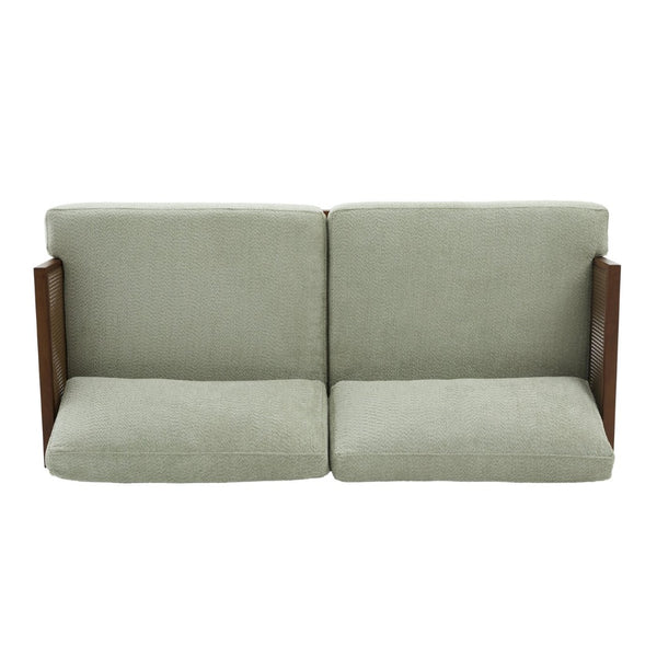 English Elm Emir Three Seat Boucle Sofa with Handwoven Cane Arms and Walnut Tapered Legs Light Green N773P285909G
