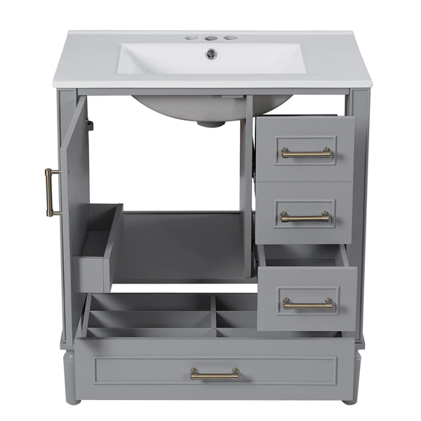 English Elm 30" Elegant Bathroom Vanity with Ceramic Sink, Soft-Close Door & 3 Drawers, Gold Handles, Durable Finish Gray N729P184479E