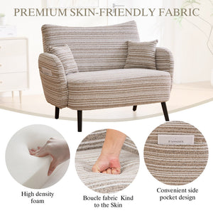 English Elm Modern tufted two-seater sofa with boucle upholstery, tapered legs, storage pockets and plush comfort for small spaces and offices khaki W395P376587