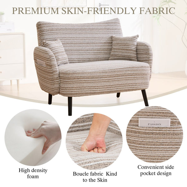 English Elm Modern tufted two-seater sofa with boucle upholstery, tapered legs, storage pockets and plush comfort for small spaces and offices khaki W395P376587