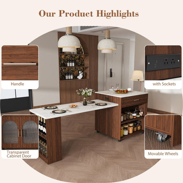 English Elm 80-inch Expandable Island Dining Set Walnut Marble Top Power Outlets 4 Wood Chairs W2700S00141