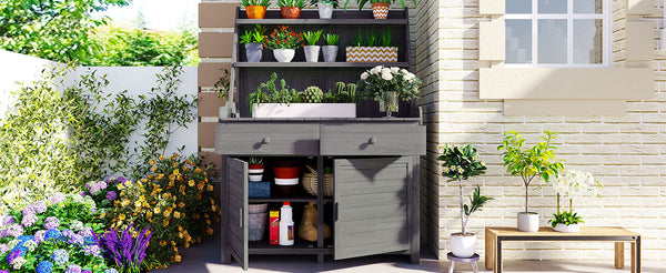 English Elm [Assembly 65inch Garden Potting Bench Table Fir Wood Workstation with 3-Tier Shelves Drawers Cabinet for Organization and Durability Gray N717P220217E