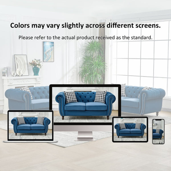 English Elm 65"chesterfield Velvet Tufted Sofa with Nailhead Trim Mid Century Two Seat Couch Blue W3373S00068