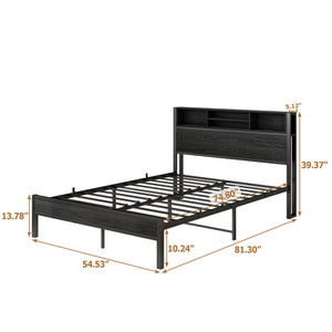 English Elm Full Size Bed Frame with Storage Headboard, Metal Platform with Charging Station, Silent, Sturdy, Black Storage Shelves and Under-Bed Space W840P241043