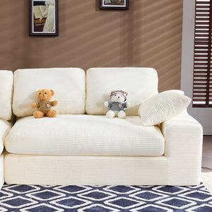 English Elm White corduroy compressed sofa with 3 back cushions & 2 throw pillows—soft, lightweight, durable comfort W3612S00015