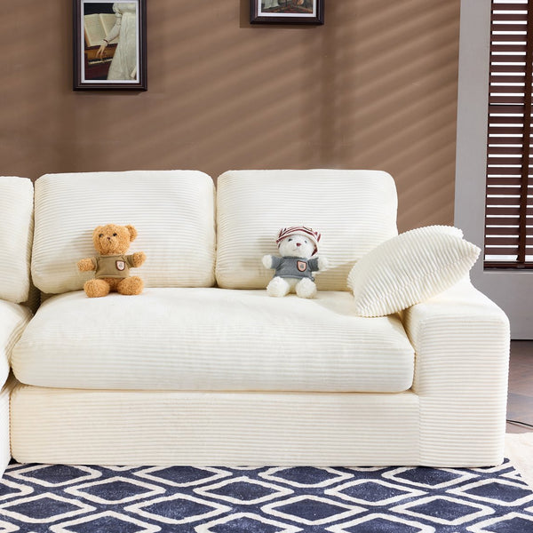 English Elm White corduroy compressed sofa with 3 back cushions & 2 throw pillows—soft, lightweight, durable comfort W3612S00015