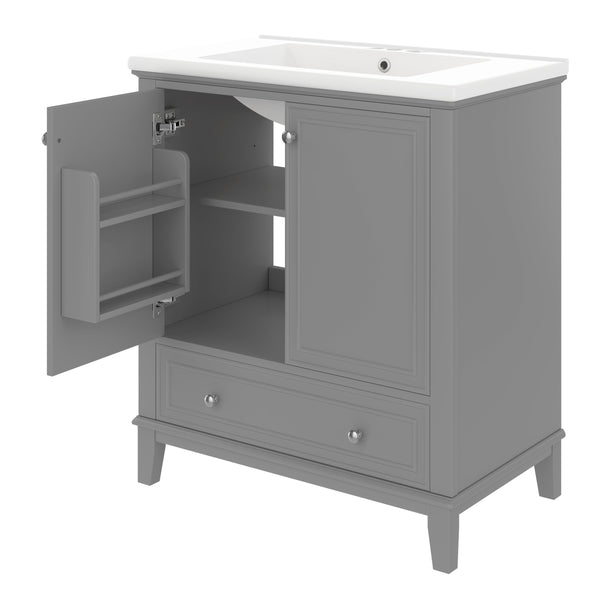 English Elm 30" Bathroom Vanity with Sink — Modern Freestanding 30" Cabinet with Ceramic Top, Drawer, Doors, Shelf Grey N725P221263E