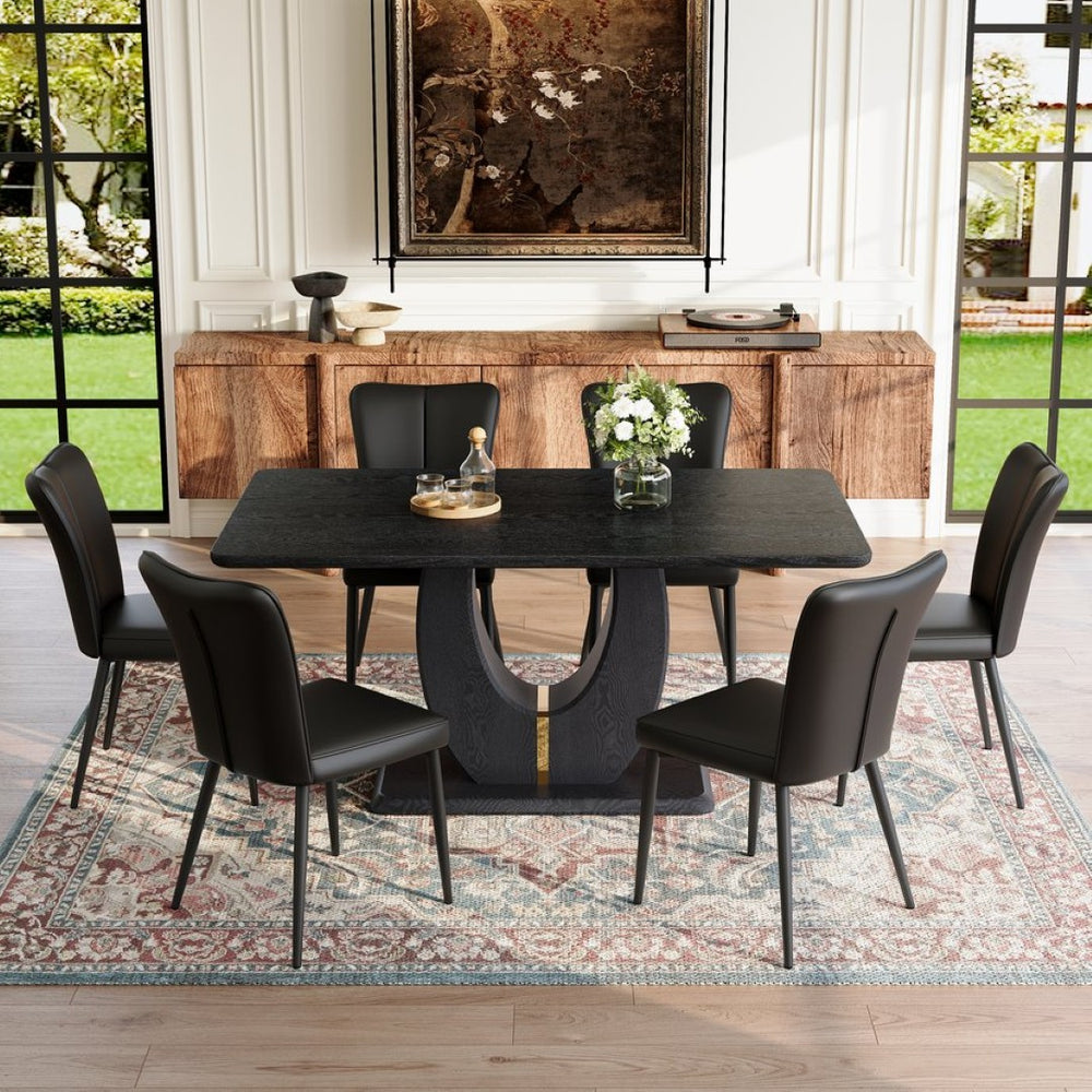 English Elm Black Wood Grain Mdf Dining Table Set Seats Six with Pu Leather Stripe Chairs W1151S04428