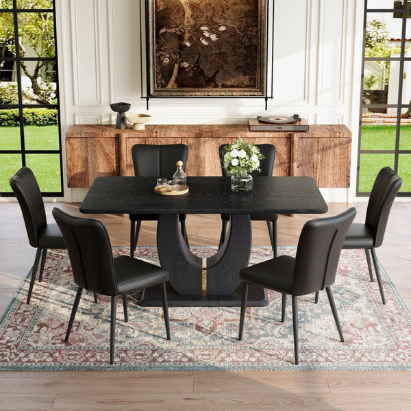 English Elm Black Wood Grain Mdf Dining Table Set Seats Six with Pu Leather Stripe Chairs W1151S04428