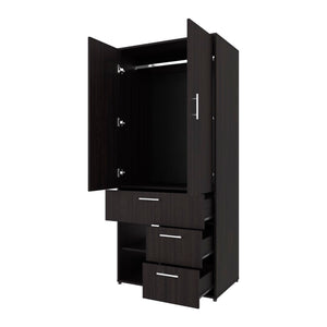 English Elm Upland Black Wood Armoire with Hanging Rod Drawers and Open Compartments B092S00279