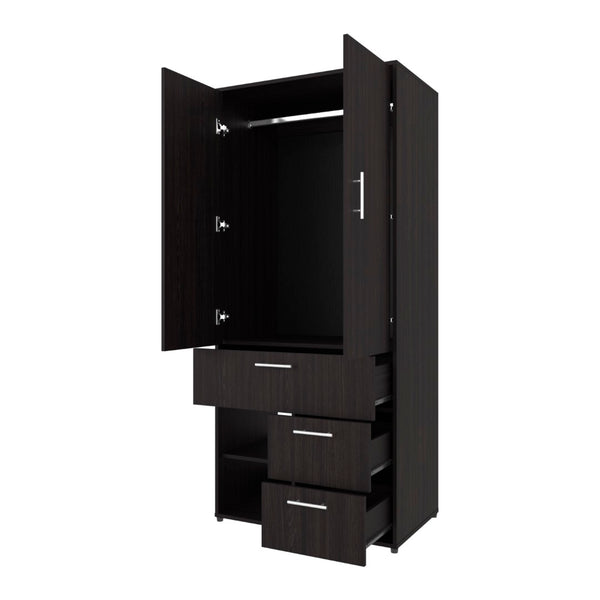 English Elm Upland Black Wood Armoire with Hanging Rod Drawers and Open Compartments B092S00279