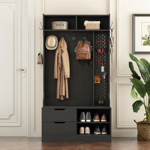 English Elm Hall Tree Entryway Organizer with 6 Hooks, Storage Bench & Open Shelves for Shoes and Coats Black 58.46 L x 21.85 W x 6.5 H W1321P190220