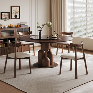 English Elm 59-inch Solid Oak Round Dining Set Wabi-sabi Style with Glass Lazy Susan 4 Chairs W2700S00136