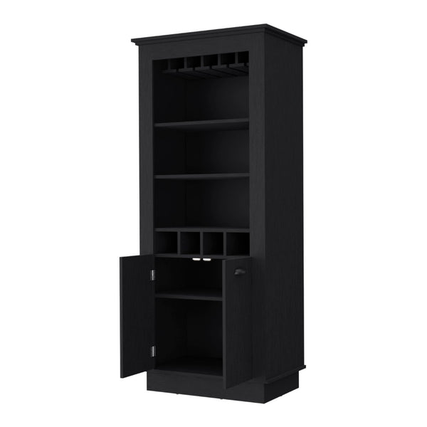 English Elm Hampton Tall Bar Cabinet with Wine Rack Glass Holder and Enclosed Storage Shelves B128S00226