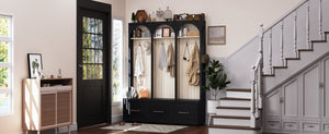 English Elm Farmhouse Hall Tree with Arched Panels Bench Drawers and Hooks for Mudroom Entryway Black W5271S00005