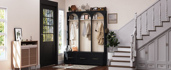 English Elm Farmhouse Hall Tree with Arched Panels Bench Drawers and Hooks for Mudroom Entryway Black W5271S00005