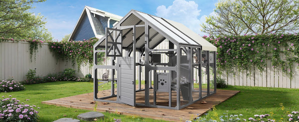 English Elm Large Walk-in Pine Wood Catio Enclosure with Platforms Resting Boxes and Planter Grey N704G201618E