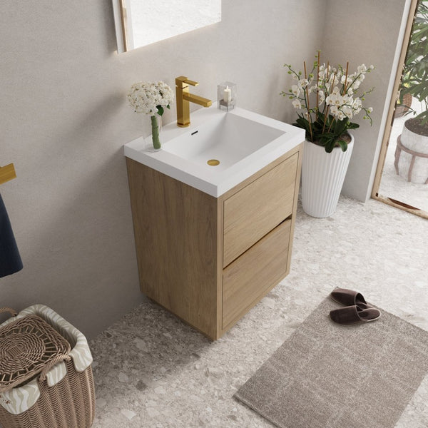 English Elm 24" Floating Bathroom Vanity Natural Oak Stone Resin Sink Soft Close Storage Cabinet W1573P211190