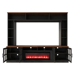 English Elm U-can Modern Farmhouse Wall Unit with Electric Fireplace Bookshelves and Glass Cabinet Doors Black+Brown SJ000153AAAB
