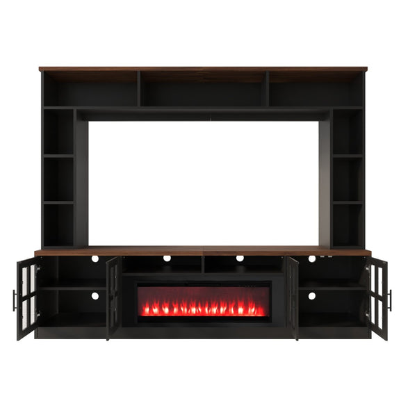 English Elm U-can Modern Farmhouse Wall Unit with Electric Fireplace Bookshelves and Glass Cabinet Doors Black+Brown SJ000153AAAB
