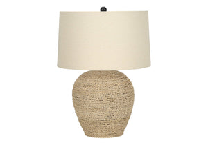 English Elm Lighting, Tropical Rattan 25" Table Lamp with Beige Linen Drum Shade, 3-Way Rotary Switch, 100W Output B2710P220129