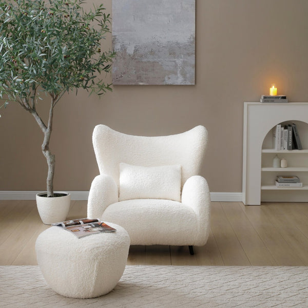 English Elm 2p, Wingback Teddy Fabric Accent Chair with Ottoman Set for Bedroom Lounge W2664S00082