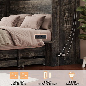 English Elm Queen Murphy Cabinet Bed Rustic Grey Farmhouse Style with Charging Station Storage W5271S00001