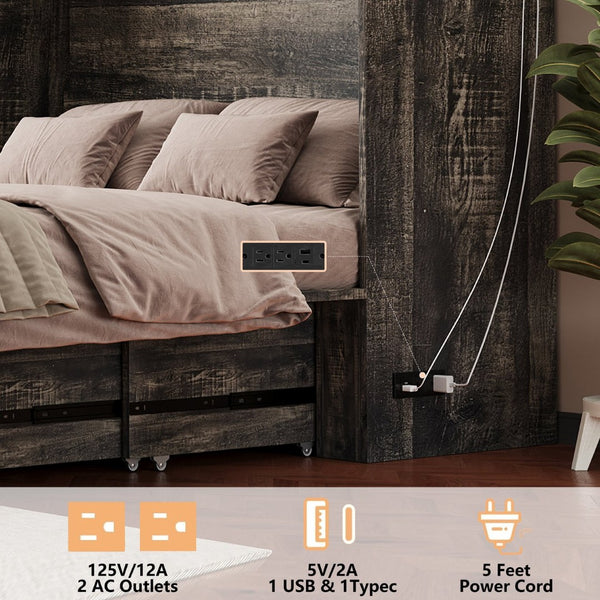 English Elm Queen Murphy Cabinet Bed Rustic Grey Farmhouse Style with Charging Station Storage W5271S00001