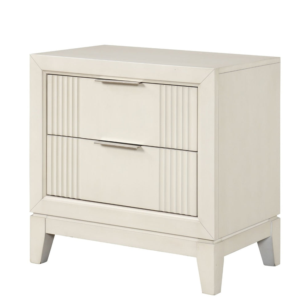 English Elm Transitional Fluted Nightstand Antique White Birch Wood Dovetail Drawers Chrome Pulls B2741P435885