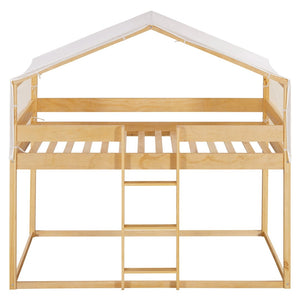 English Elm Twin Over Kids Bunk Bed with Tent Canopy Farmhouse Pinewood Playroom Frame Natural N708P248523M