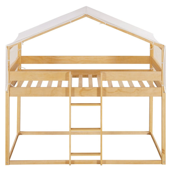 English Elm Twin Over Kids Bunk Bed with Tent Canopy Farmhouse Pinewood Playroom Frame Natural N708P248523M