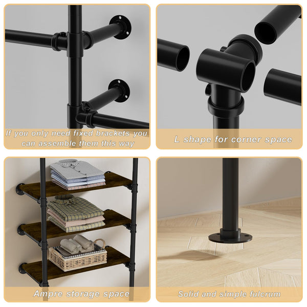 English Elm Industrial Pipe Clothing Rack - Wall-Mounted Heavy-Duty Garment Storage System With Adjustable Shelves T3210P392614