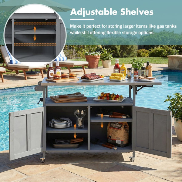 English Elm Foldable Outdoor Kitchen Cart with Stainless Worktop Fir Wood Frame and Lockable Wheels Grey N719P380279E