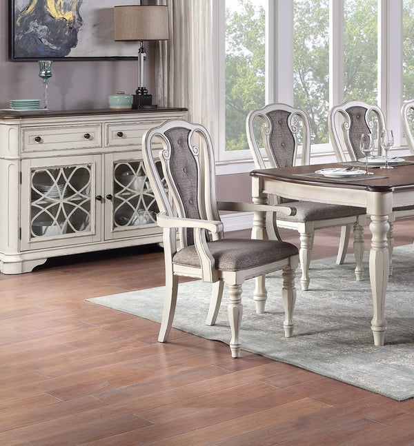 English Elm Transitional 9 Piece Oak Veneer Dining Set with Carved Chairs and Antique White Frame B011S01230