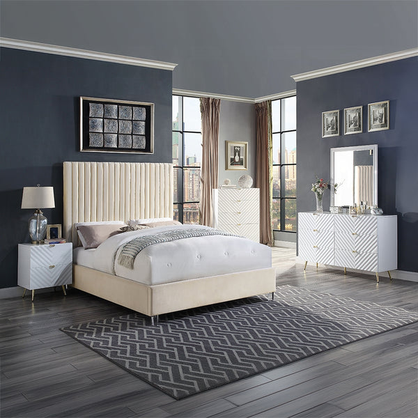 English Elm White White High Gloss 2-Drawer Nightstand with Gold Accents, Diagonal Texture, Glamorous Storage Options B062P189206