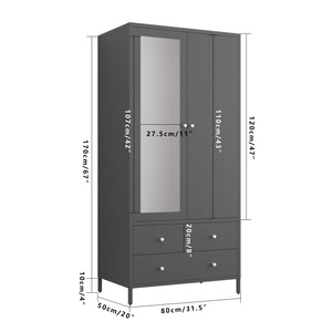 English Elm Metal Armoire Retro Steel Wardrobe with Mirror Door, 2 Drawers, Hanging Rod & Magnetic Closure, Dark Gray W2378P176281