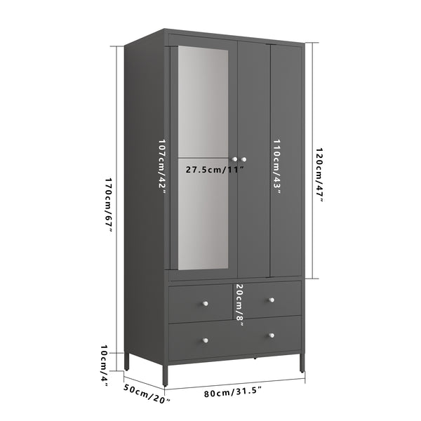 English Elm Metal Armoire Retro Steel Wardrobe with Mirror Door, 2 Drawers, Hanging Rod & Magnetic Closure, Dark Gray W2378P176281
