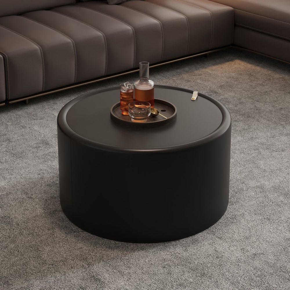 English Elm Black Round Coffee Table Pu Leather Cylindrical Base Tempered Glass Top Hidden Storage Black W3081P442392