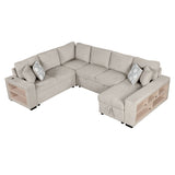 English Elm 109" U-Shaped Sectional Sofa Pull-Out Sofa Bed With Two Usb Ports, A Storage Chaise Lounge and Four Back Pillows For Living Room, Beige