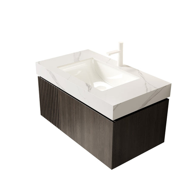 English Elm Muri Floating Bathroom Vanity Plywood Cabinet Sintered Stone Top Espresso Finish W2615S00458