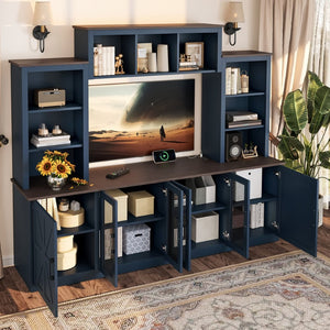 English Elm Wall Unit Entertainment Center with Built in Charging Mdf Media Console Open Shelving Blue W1580S00437