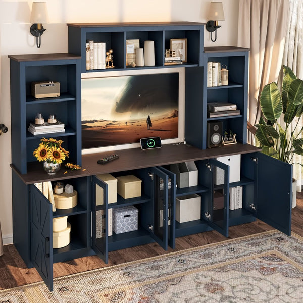 English Elm Wall Unit Entertainment Center with Built in Charging Mdf Media Console Open Shelving Blue W1580S00437