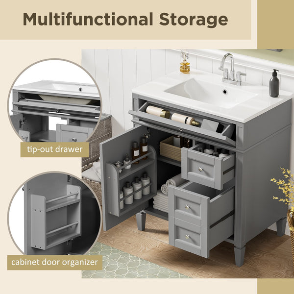 English Elm 30'' Modern Bathroom Vanity With Storage, Ceramic Sink & Stylish Roman Legs - Perfect For Small Spaces! N710P250194E